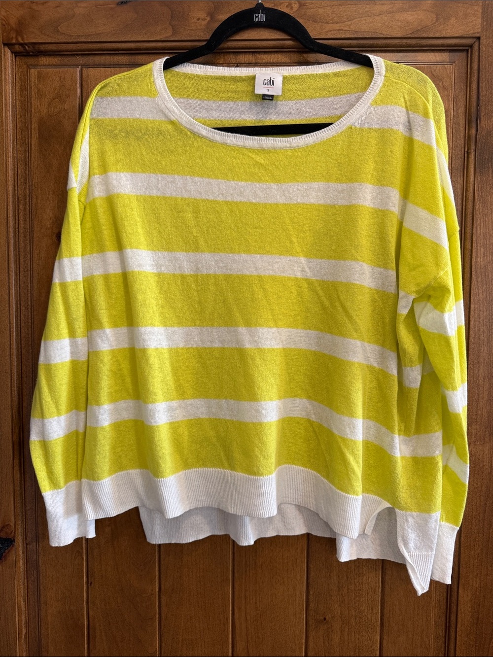 CAbi Happy Hour Neon Yellow and White Striped Scoop Neck Sweater